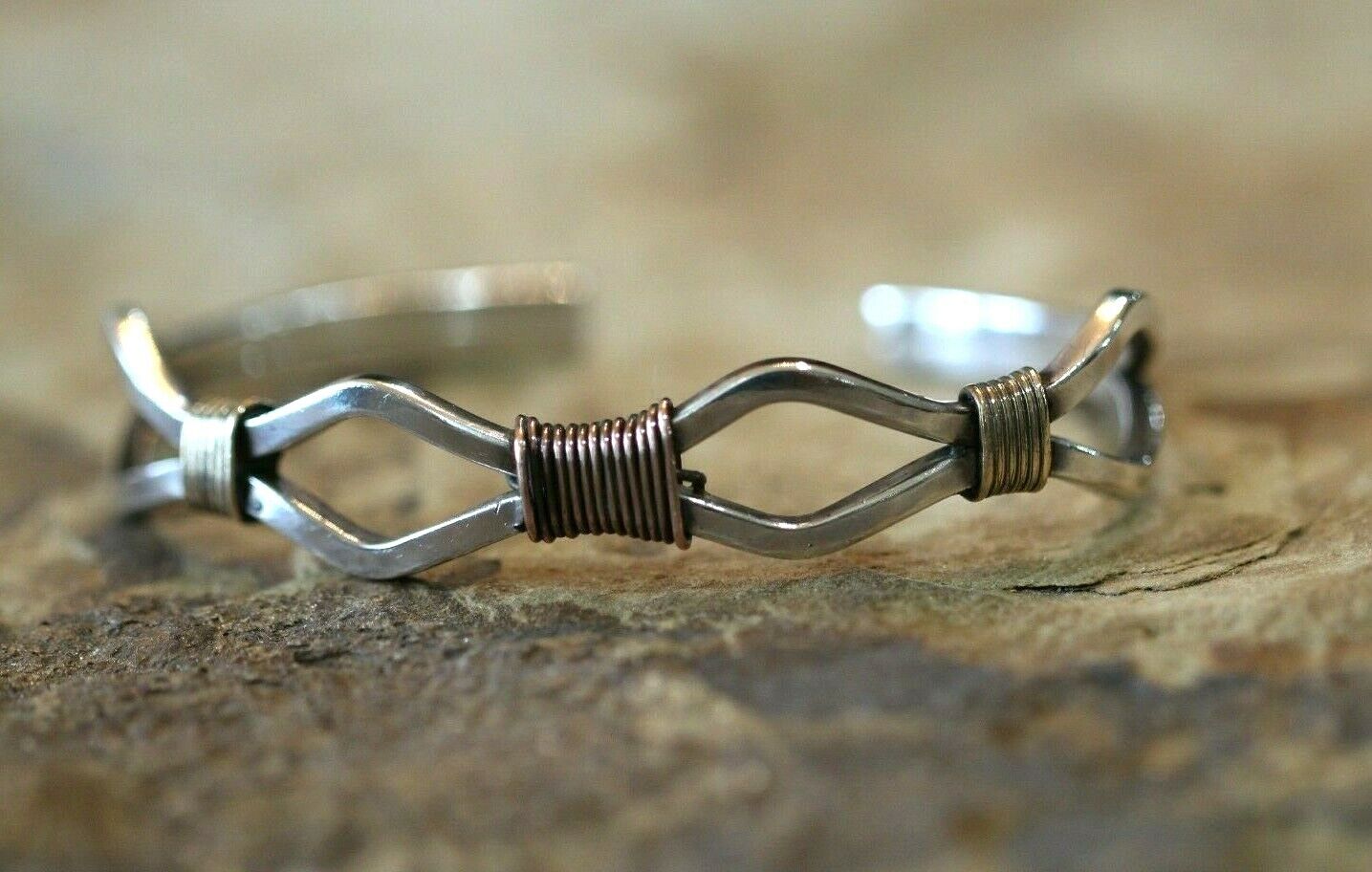 *VINTAGE*  Sterling Silver and Copper Wire Trim Cuff Bracelet Made By "IS"