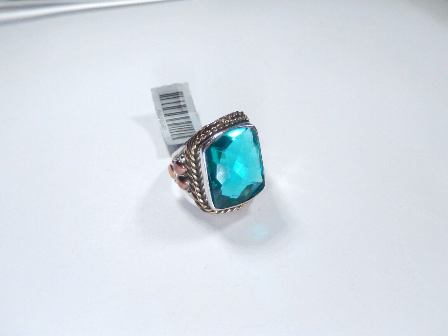 *VINTAGE Handmade Sterling Silver 13.0 CT Blue Topaz Bead & Rope Design Ring Sz7