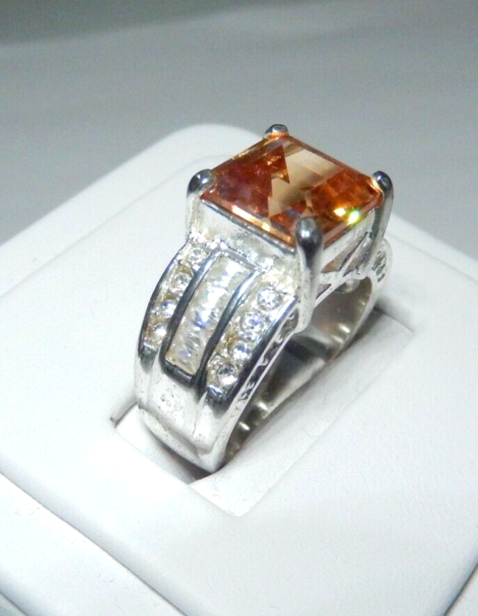 *VINTAGE*  Sterling Silver 5.0 CT Citrine  and CZ Ring  Size 8