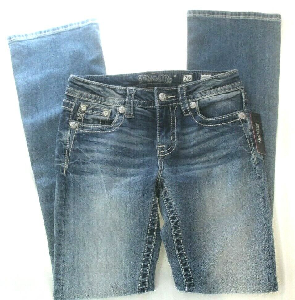 *NWT* Miss Me Women's Mid Rise Chloe Boot Cut Calf Hair Design Jeans 26 x 34