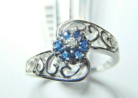 *NWT*  10k White Gold Sapphire and Diamond Flower Filigree Ring Sz 7