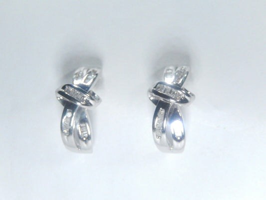 *VINTAGE*  14K White Gold Round & Baguette Diamond Huggie Earrings Approx .50ctw
