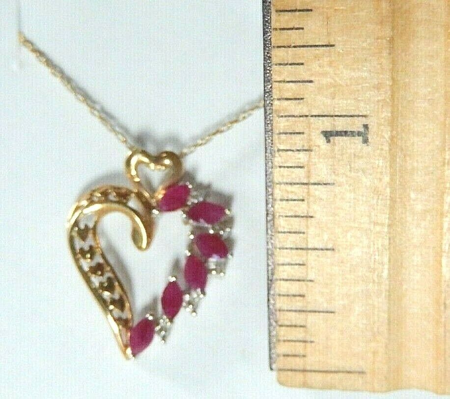 *VINTAGE*  10k Yellow Gold  Ruby And Diamond Heart Pendant with 18" 10K YG Chain