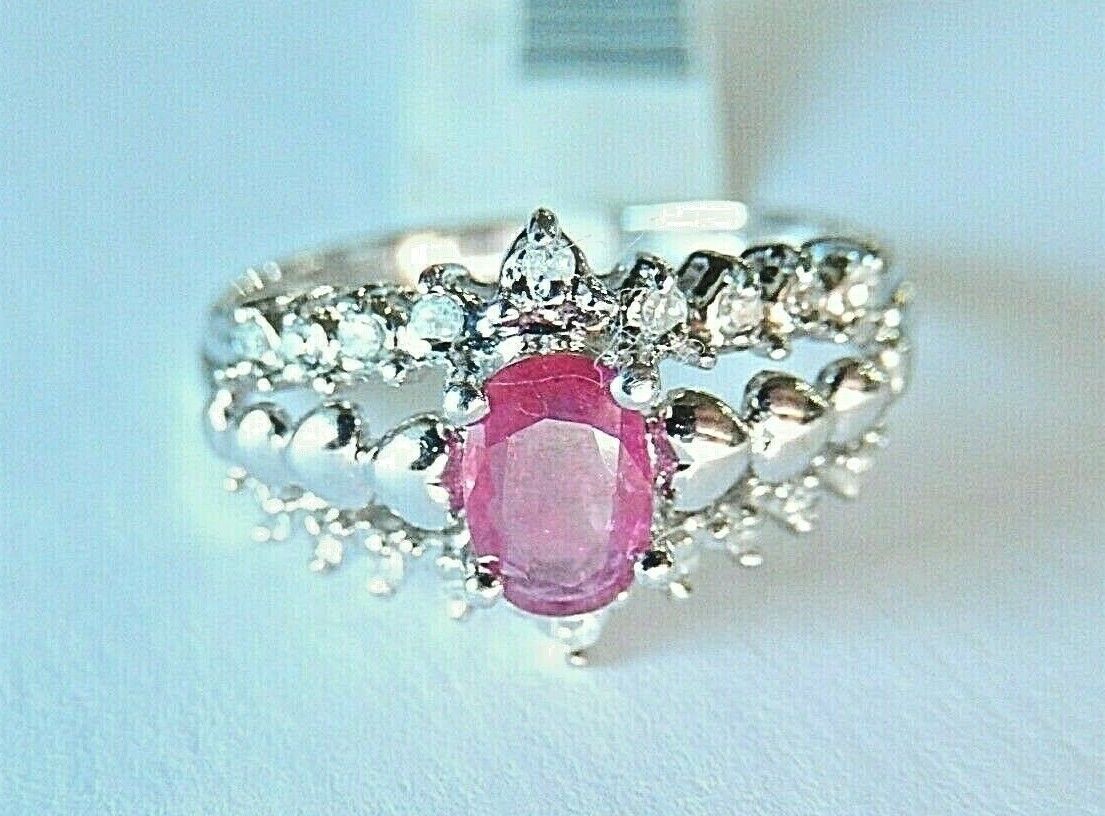 *NWT* 10k White Gold 1/2CT Oval Ruby and 1/5CT Diamond Heart Ring Size 6.5