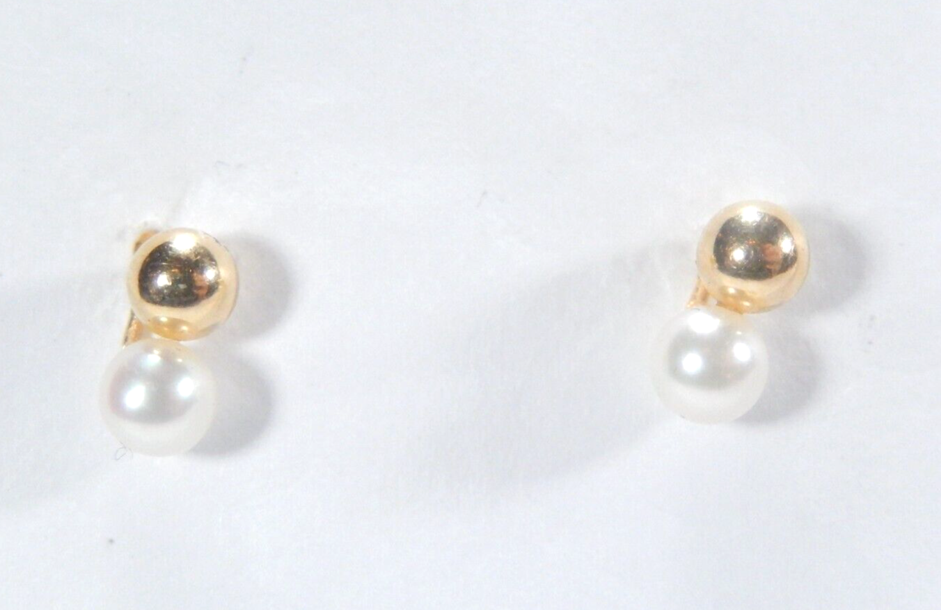 14K Solid Gold 4mm Round Ball Bead & 4mm Pearl Studs Earrings