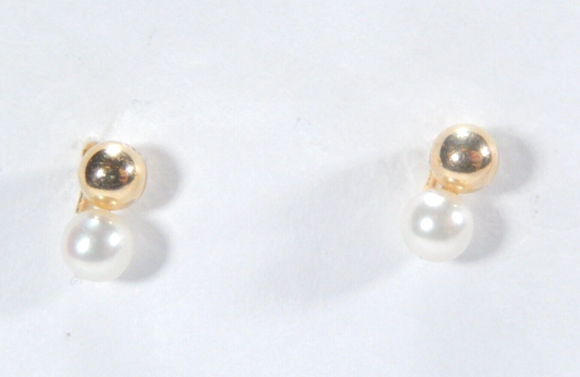 14K Solid Gold 4mm Round Ball Bead & 4mm Pearl Studs Earrings