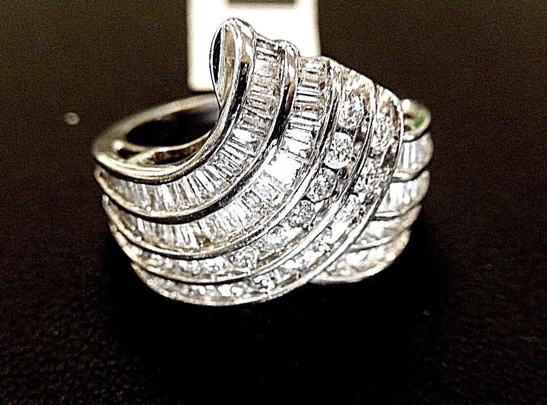 *VINTAGE* 1 Ct Round & Baguette Natural Diamond Solid 10k White Gold Band Ring