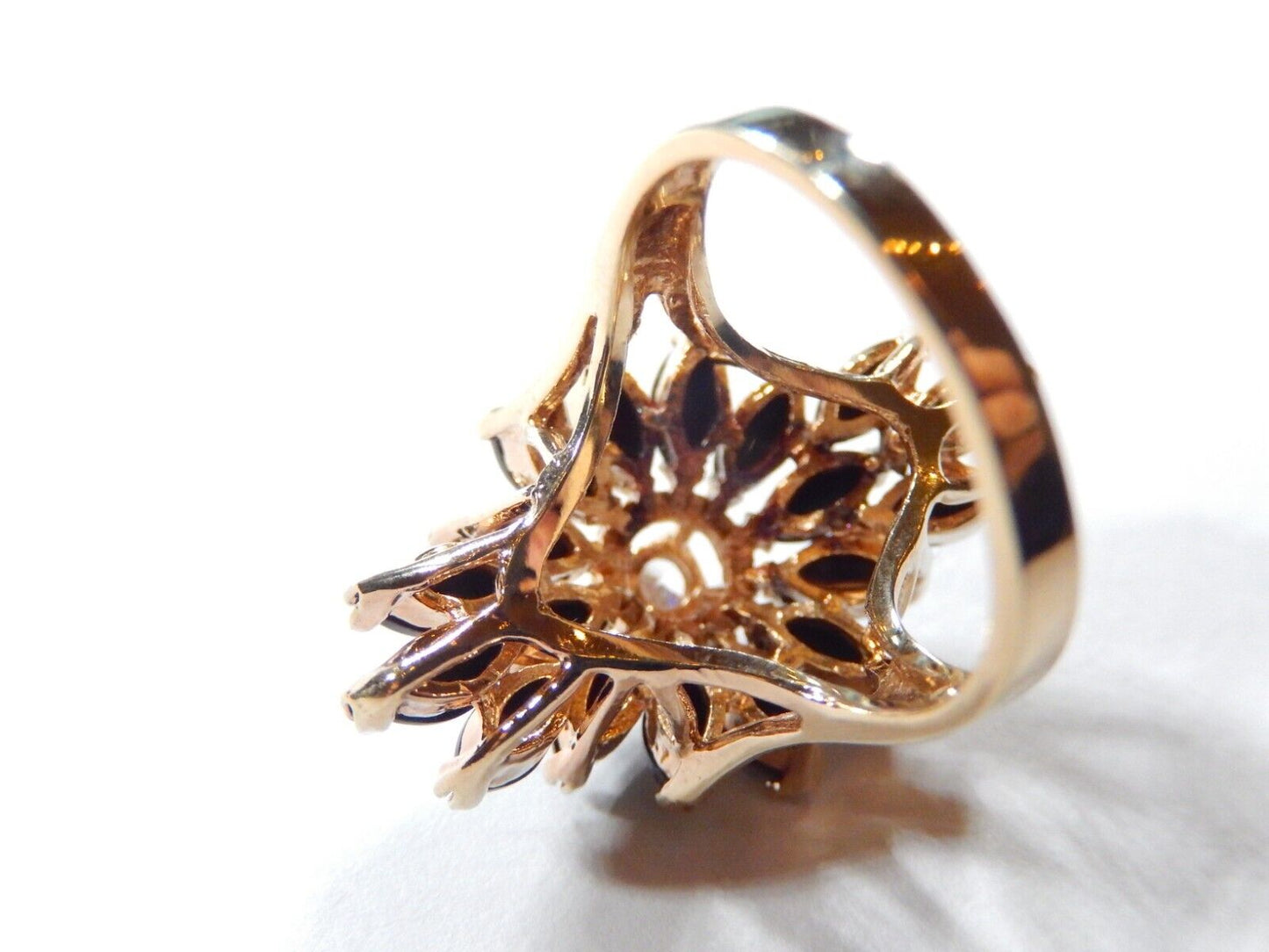 *VINTAGE*   STATEMENT RING - Gold Vermeil Sterling Marquise Onyx & Cz Size 7.5