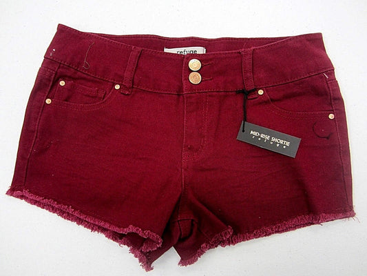 NWT Refuge Denim Mid Rise Shortie Shorts Marroon Fringe Hem Size 4 x 2"L
