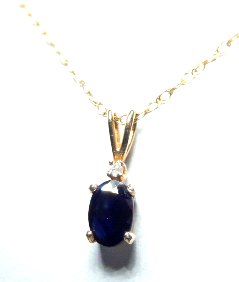 10k Yellow Gold Oval Sapphire And Diamond Pendant with 18" Chain