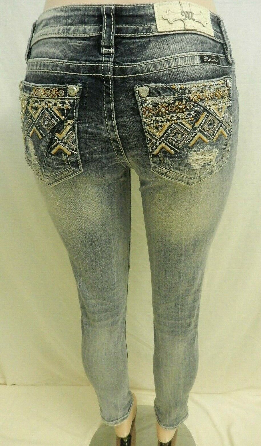 *NWT* Miss Me M3103FA Cuffed Ankle Skinny Jeans Embroidery Lt Blue Size 27 x 27