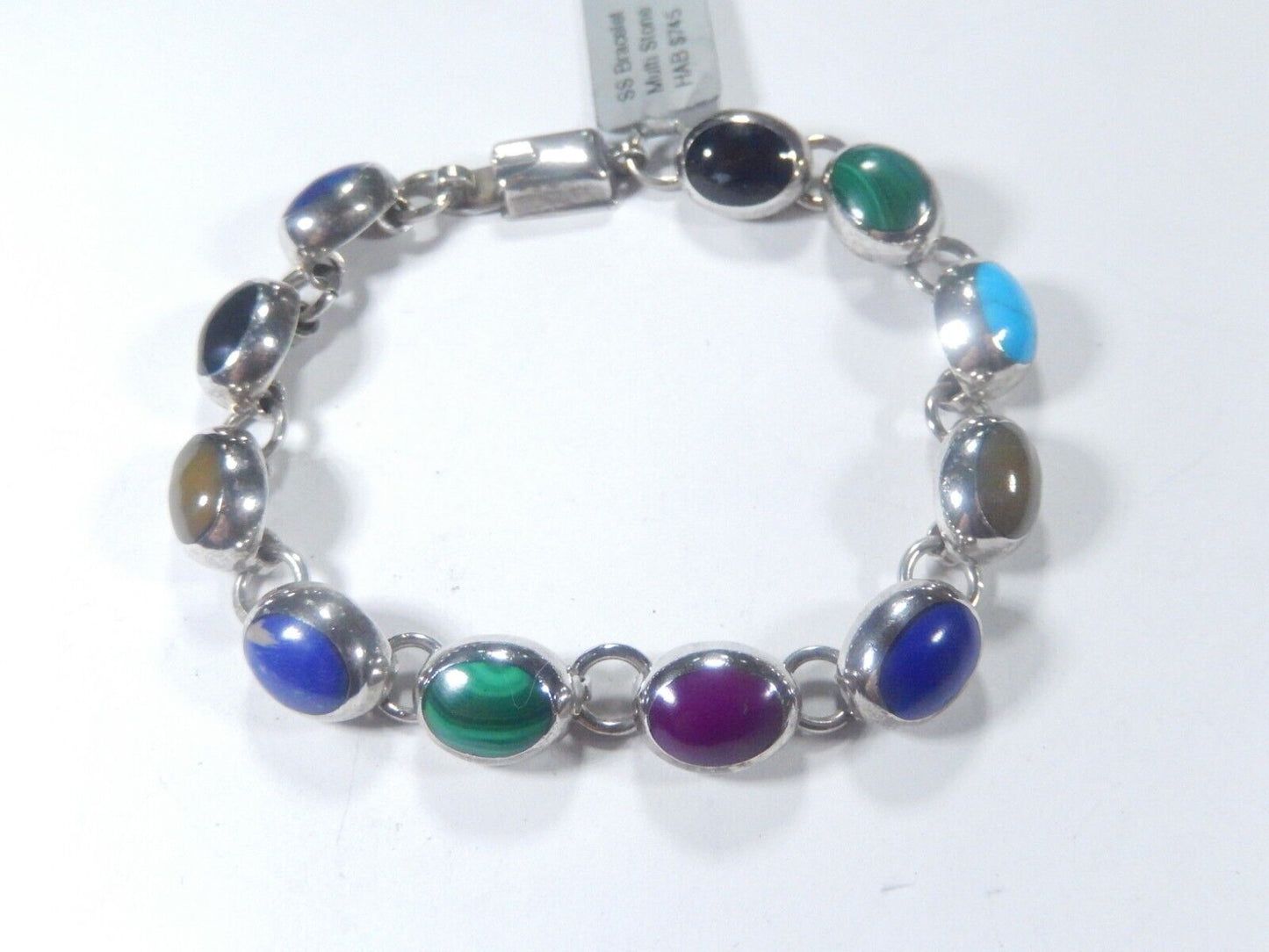 *VINTAGE*   Taxco Mexico Sterling Silver Multi Gemstone Bracelet 7"