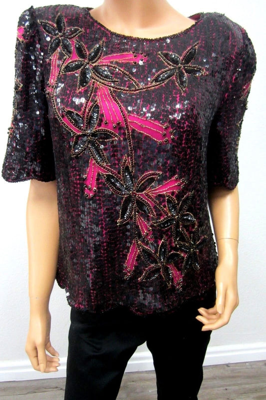 *NICE* Vintage Scala Silk Heavy Beaded Sequin Multi-Colored Lined Top Size Small