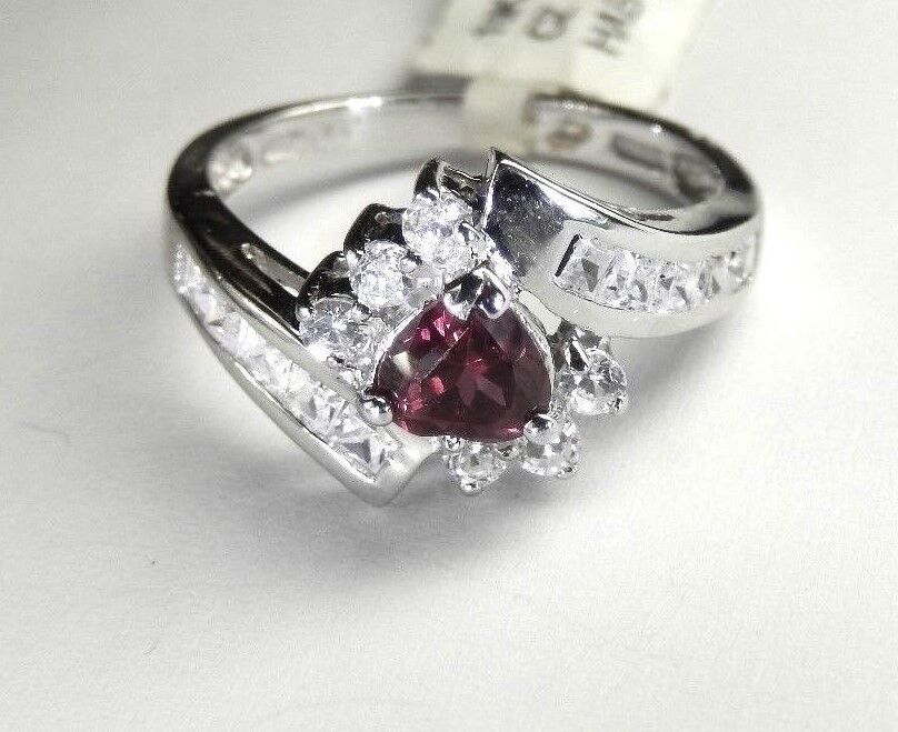 Royal Red Ruby & Simulated Diamond 10K Solid White Gold  Bypass Ring Sz 7.5