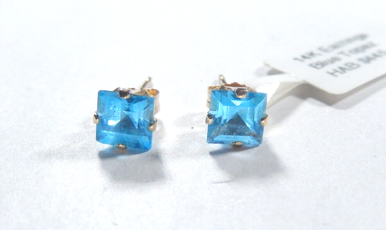 14K Yellow Gold 1.50 ct Princess Cut 5mm London Blue Topaz Stud Earrings