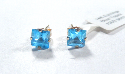 14K Yellow Gold 1.50 ct Princess Cut 5mm London Blue Topaz Stud Earrings
