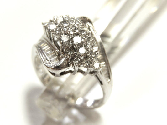 10K White Gold Round & Baguette 1Ct Natural VS Diamond  Cluster  Ring Size 7.5