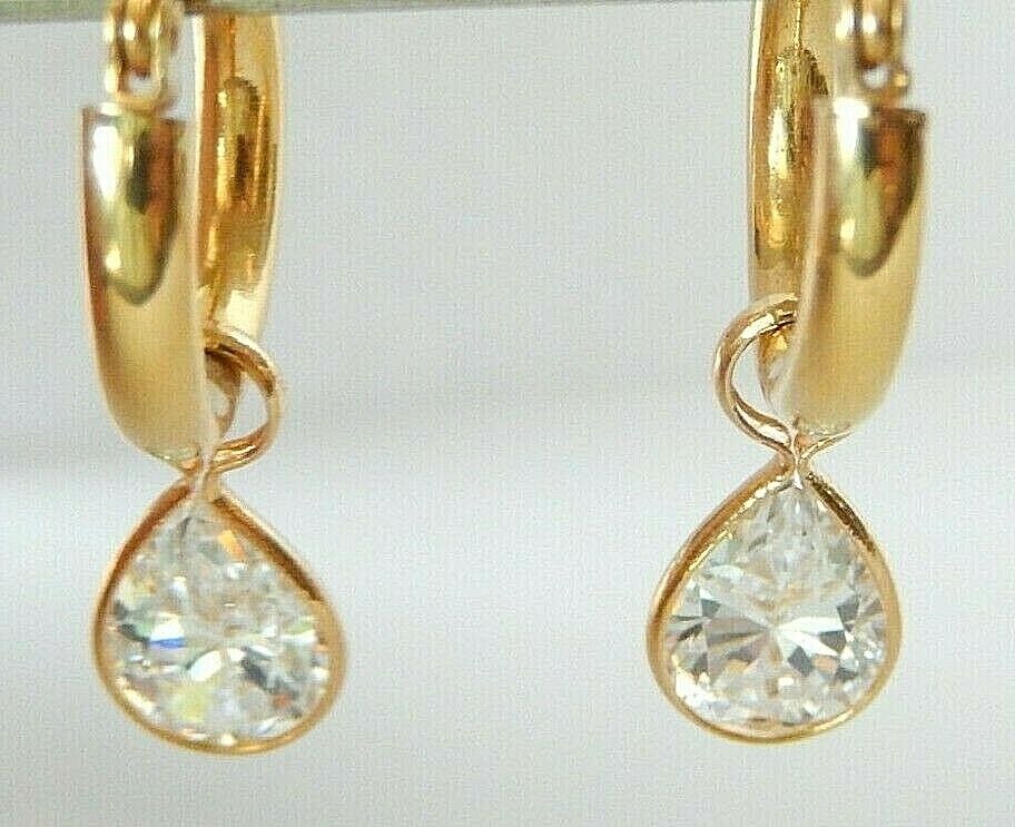 14K Yellow Gold Round Hoop Earrings With 3CT TW Dangling Pear CZ - Gorgeous -