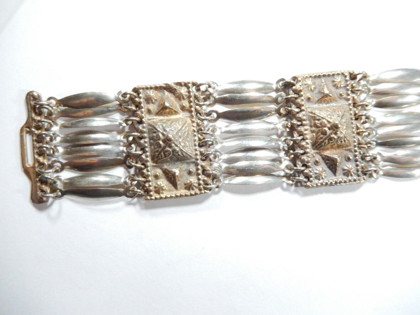 *VINTAGE*  BRASS & SILVER REPOUSSÉ PANEL LINK MEXICO BRACELET 1-3/8" x 7.5"