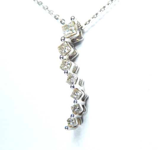 14K White Gold .75CT Princess Cut Natural Diamond Journey Pendant w/18" Chain