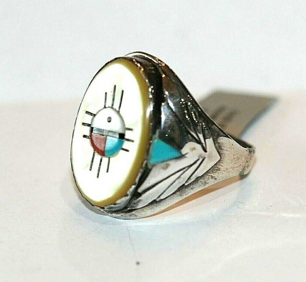 LG MEN'S ZUNI MOTHER OF PEARL INLAY STERLING SILVER MULTI STONE RING SZ 12.75