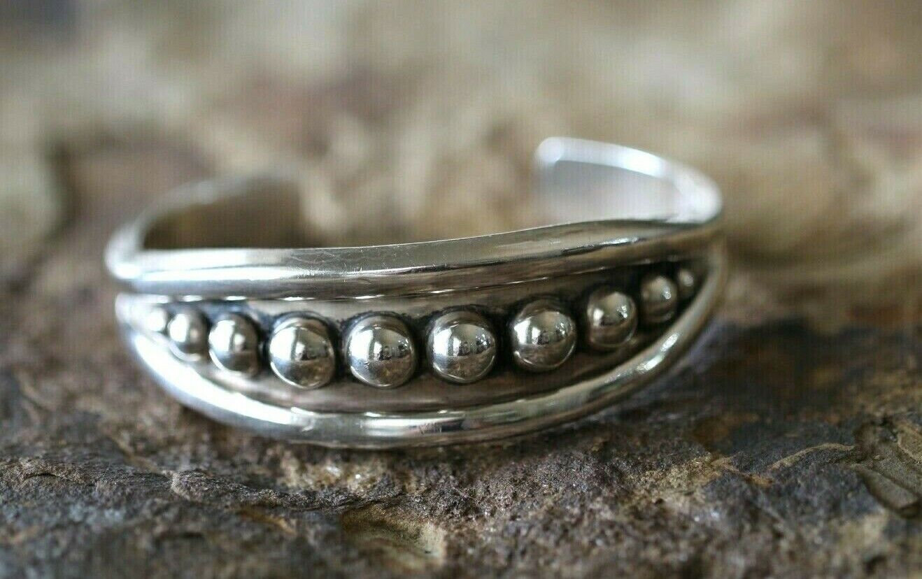 *VINTAGE* Sterling Silver 925 Taxco Mexico Beaded Cuff 7" Heavy Bracelet
