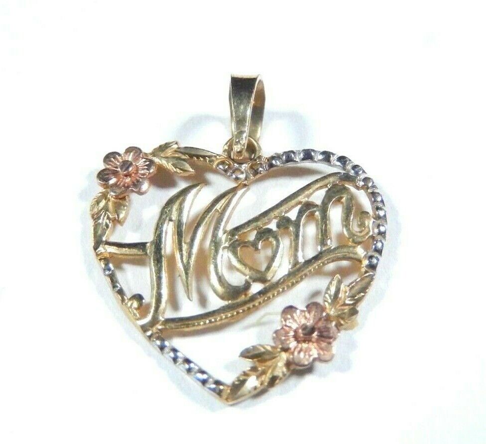 10K Tri Color Gold Mom Heart With Flower Charm Pendant - 3/4" x 11/16"