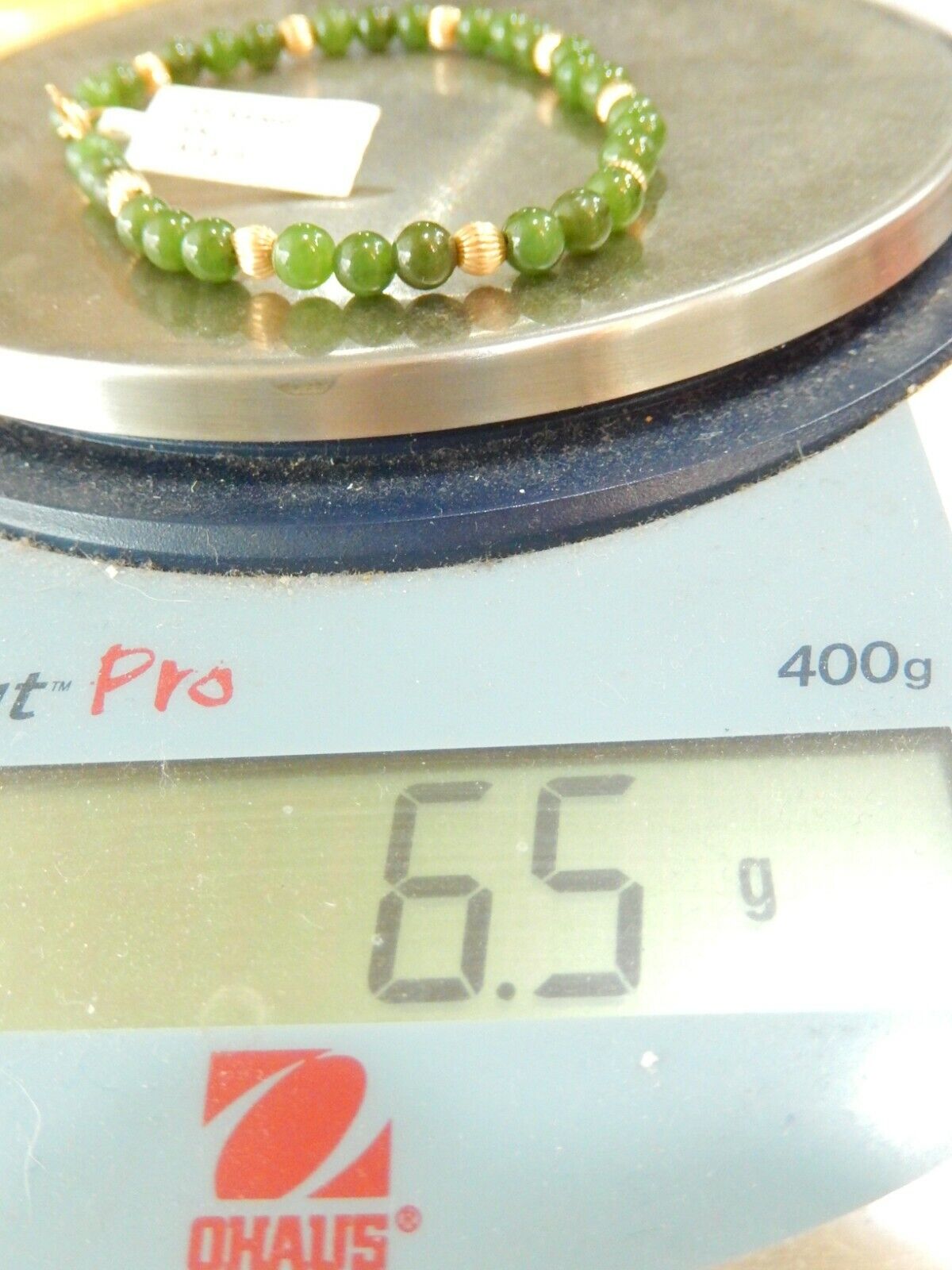 14K 4mm Yellow Gold and  5mm Green Jade Bead Bracelet 7.25"