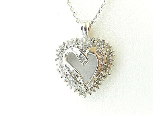 *VINTAGE* 14Kt White Gold 1.00 CT Natural Diamond Heart Pendant with 18" Chain