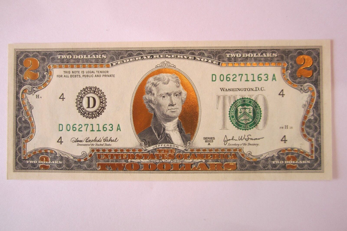22 K GOLD LEAF- 2 DOLLAR BILL-  COLLECTOR  LEGAL NOTE- D06271163A