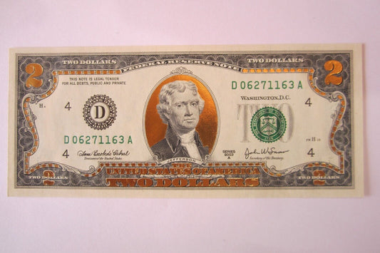 22 K GOLD LEAF- 2 DOLLAR BILL-  COLLECTOR  LEGAL NOTE- D06271163A