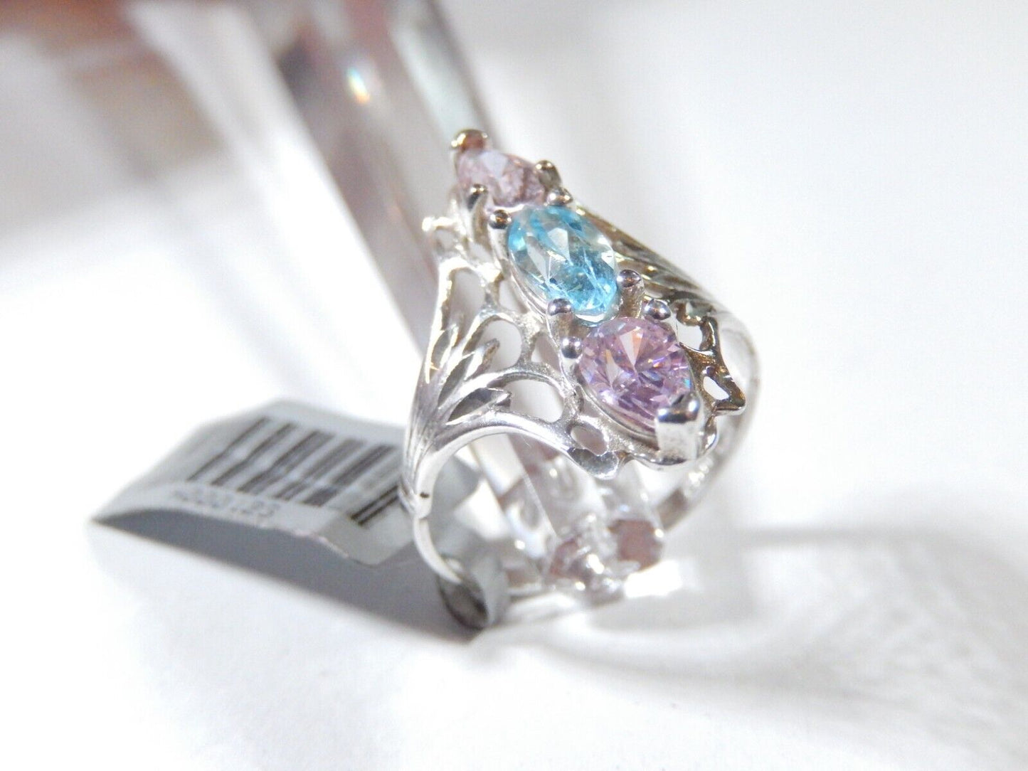 *VINTAGE* Pink Sapphire & Blue Topaz Gemstone Filigree Sterling Silver Ring Sz 7