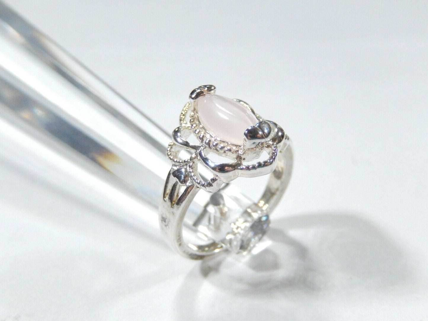 Pink Moonstone 925 Sterling Silver Ring Marquise Cut, Filigree Setting, Size 5