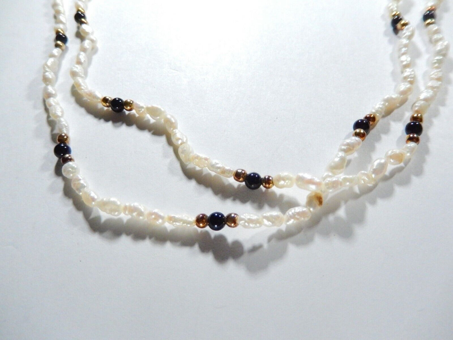 Double  Strand 18" Rice White Pearl & Black Onyx & Gold Bead Necklace