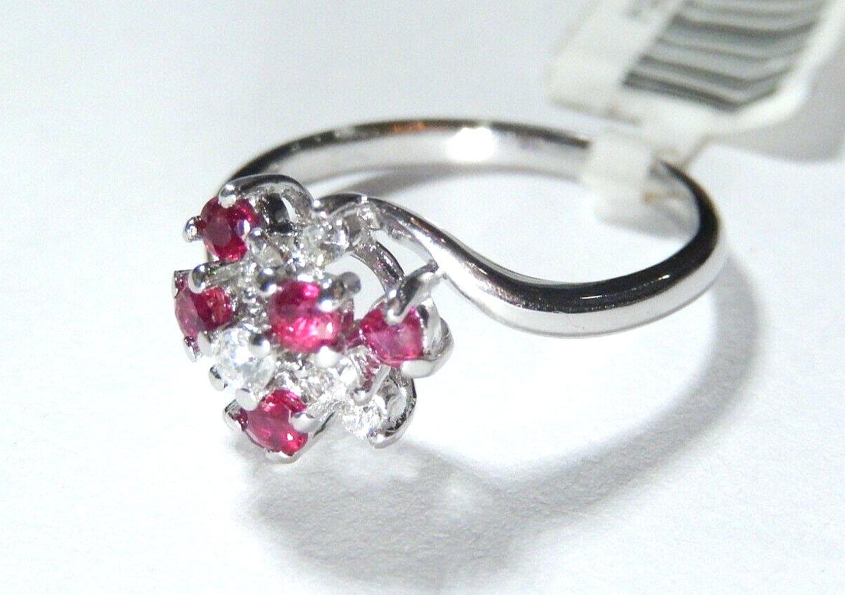 *NWT*  14K White Gold VS Diamond and Ruby Cluster Ring, Size 4.5