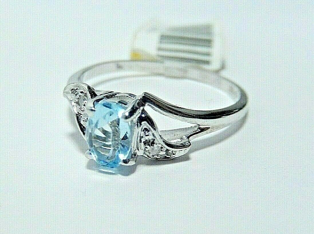 *NWT* 10k White Gold Oval Blue Topaz And Diamond Ring Size 6.75