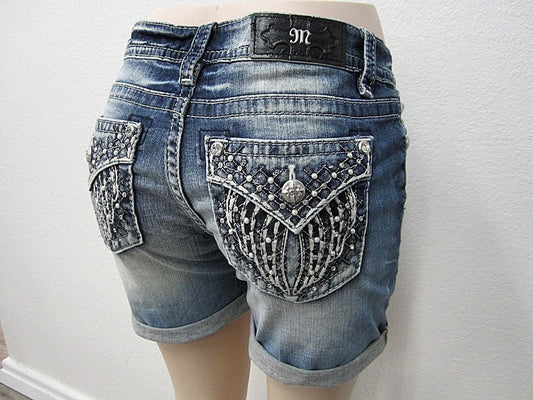 NWT Women's Miss Me Mid Shorts Cuffed Pearl & Crystal WingsBLING M3198D Sz 27x5"