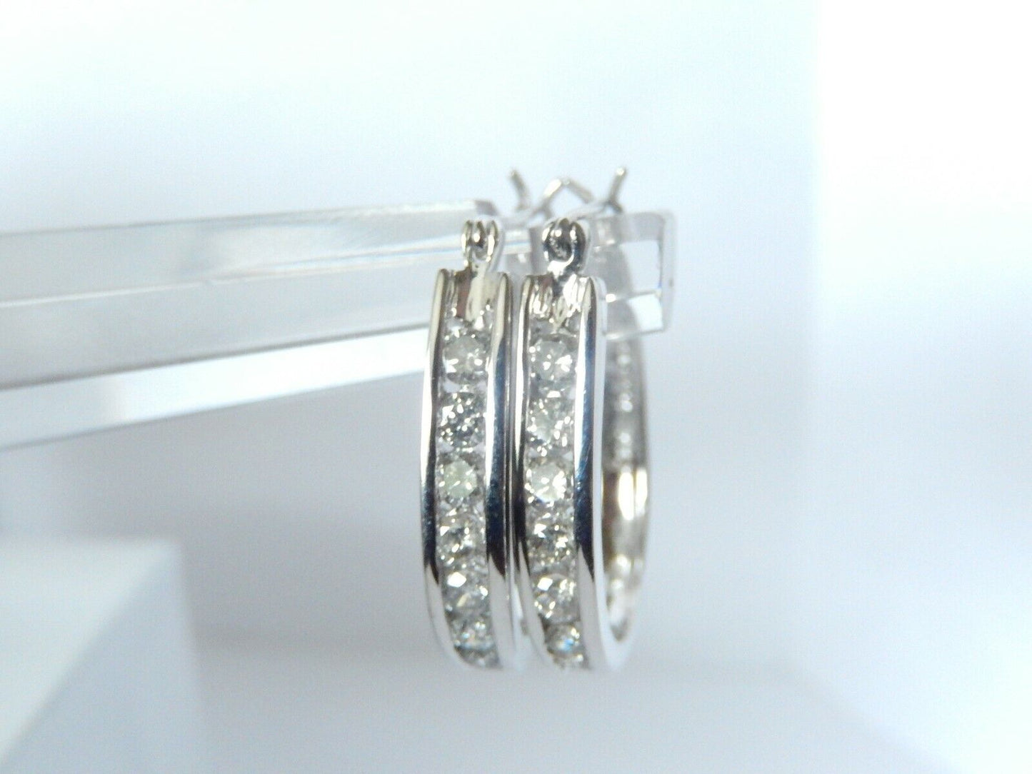 14K White Gold 1CT Natural Diamond Channel Set Oblong Hoop Earrings 24mm x 19mm