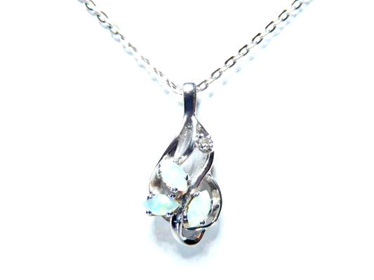 10k White Gold Marquise Opal And Diamond Free Form  Pendant with 18" Chain