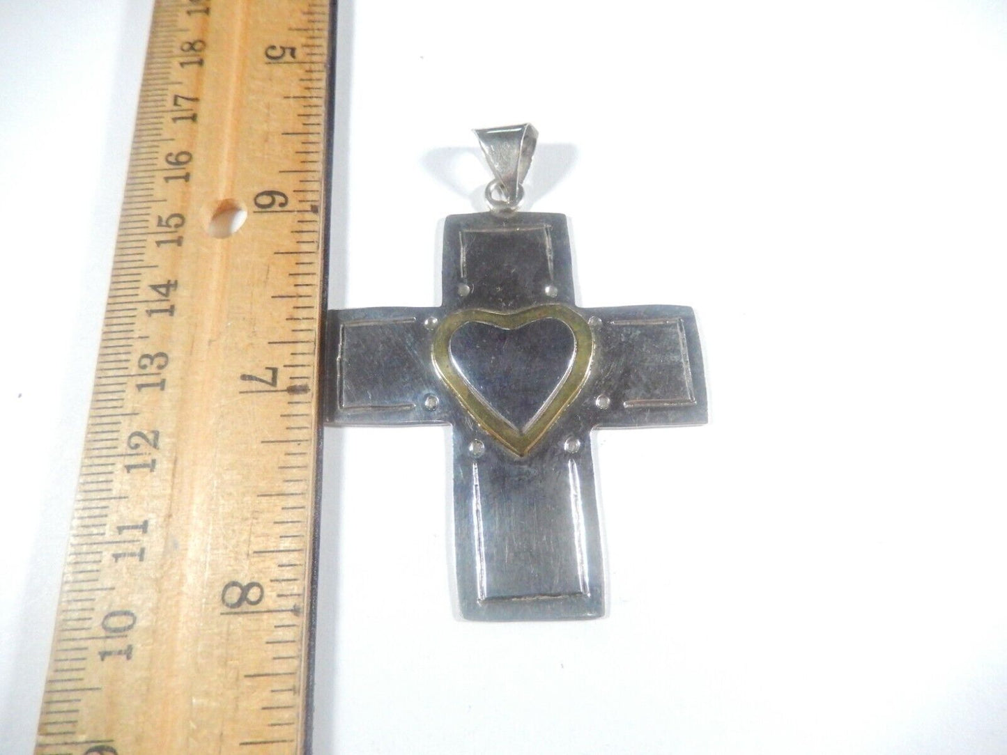 *VINTAGE*  LARGE Mexico Handmade Sterling Silver & Brass Heart  Cross Pendant