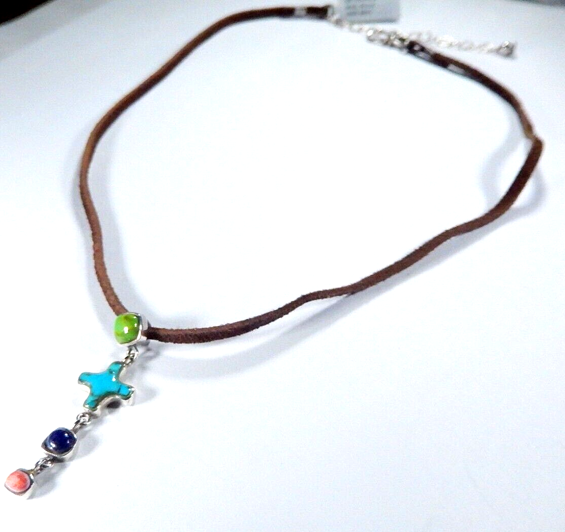 BARSE -  Sterling Silver Turquoise - Lapis - Coral Cross w/Brown Leather 18"cord