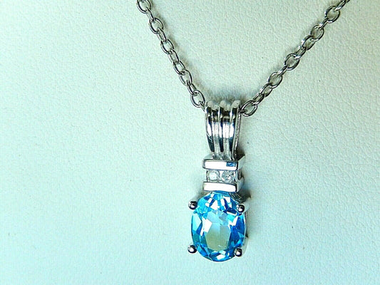 *NWT* 14K White Gold Genuine 1.25CT London Blue Topaz and Diamond Oval Pendant