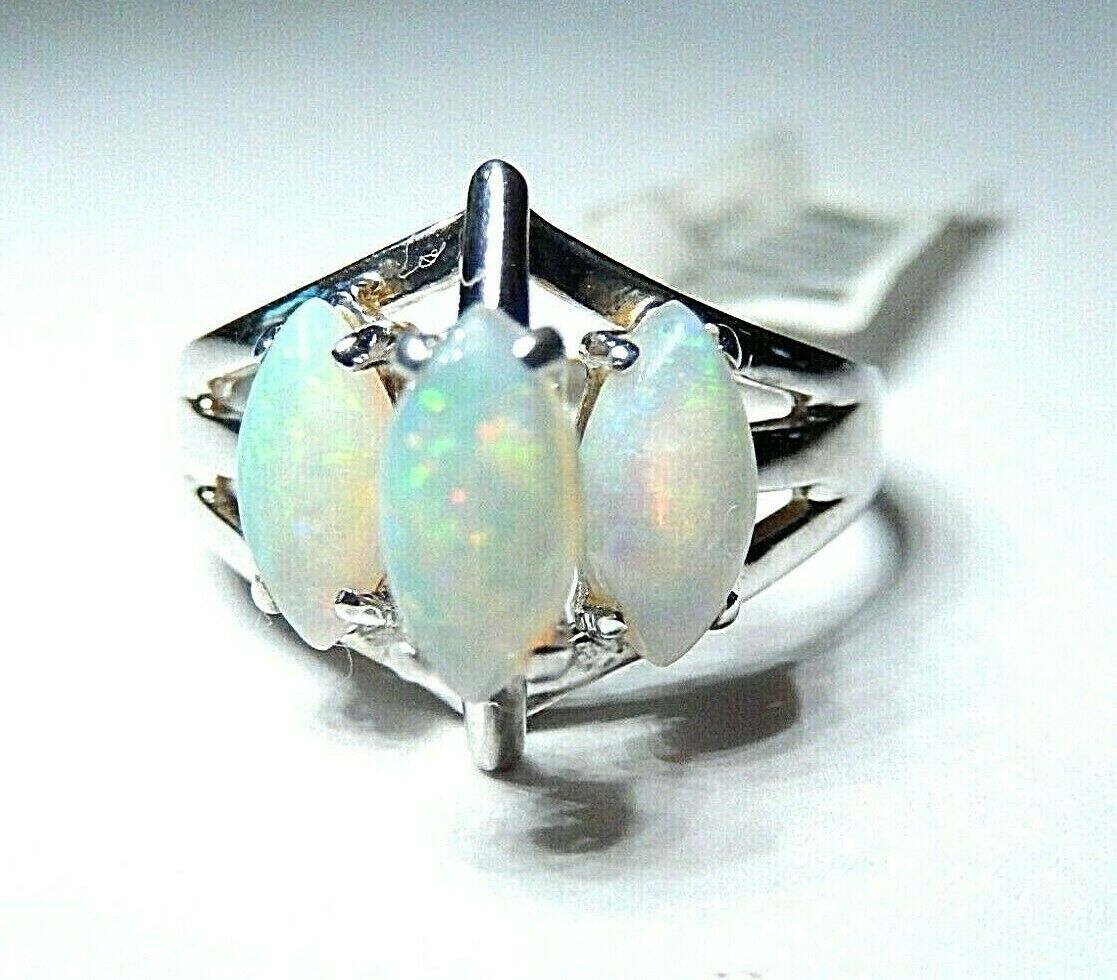 *NWT* 14K White Gold 1.50CT Navette Cut Natural Opal Three Stone Ring Size 7