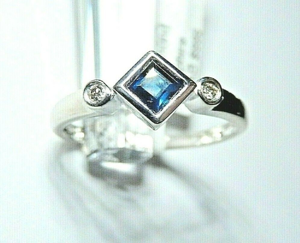 *NWT* 10k White Gold Princess Cut Sapphire And Two Diamond Ring Size 7.75