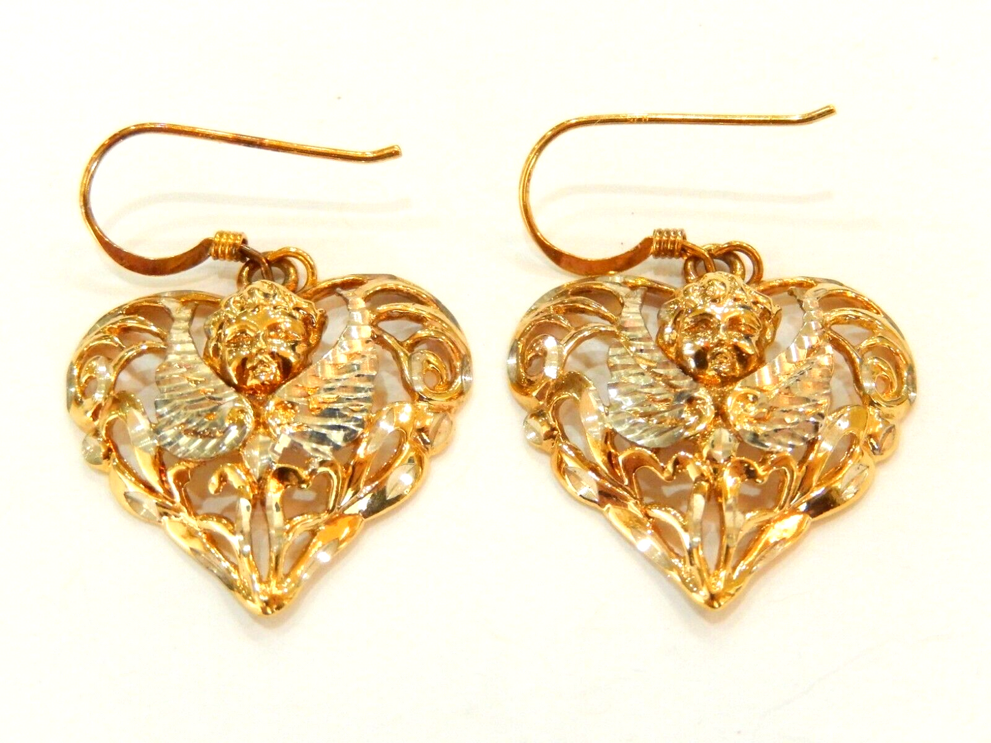 14K Yellow Gold Vermeil Sterling Angel Heart Hook Earrings