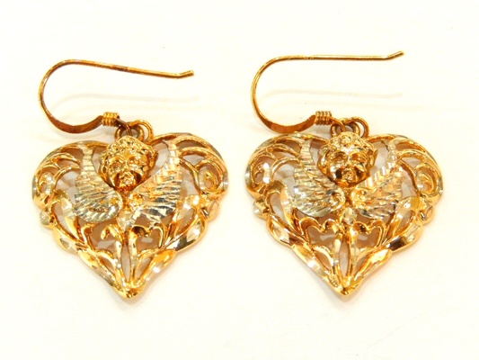 14K Yellow Gold Vermeil Sterling Angel Heart Hook Earrings