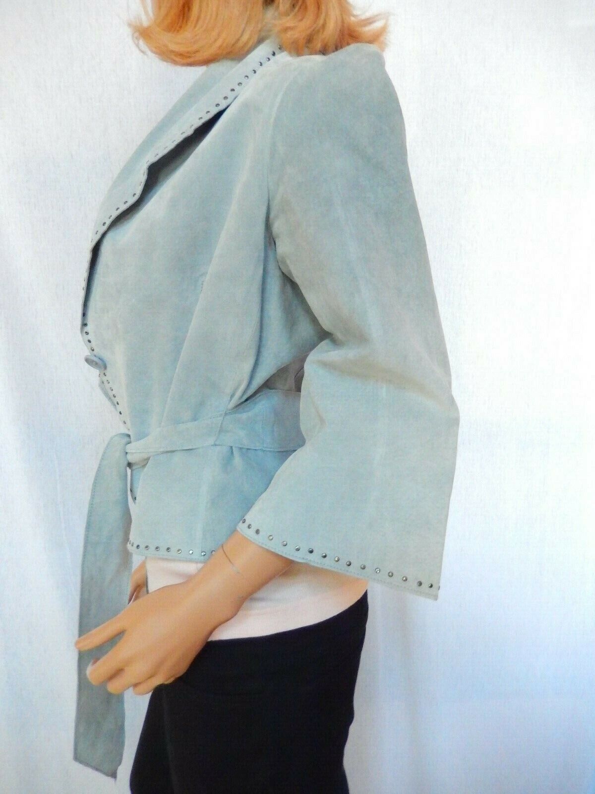 NWT $268 KAREN KANE Lt Blue Suede Serenity Dropped Collar Designer Jacket Sz M