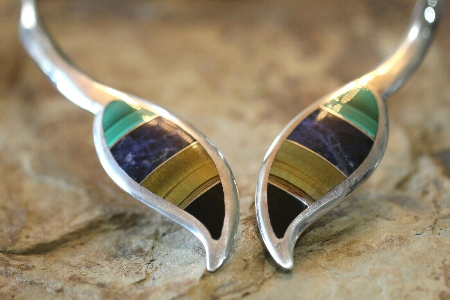 *VINTAGE* Taxco Mexico Sterling Silver & Multi Gem Hinged Choker Collar Necklace