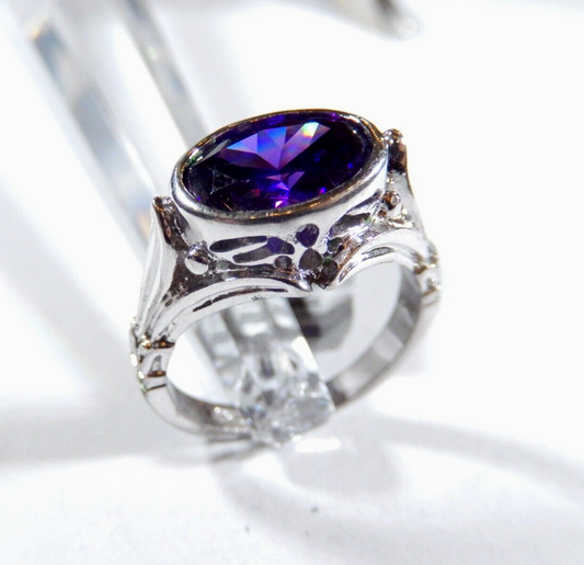 *VINTAGE*  VICTORIAN STYLE 925 STERLING SILVER 4.00 CT OVAL AMETHYST RING Sz 9