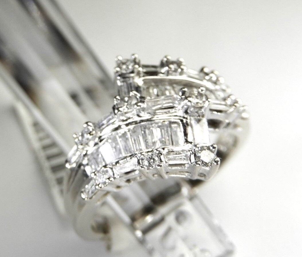 14K White Gold Round Baguette 1.5 CT Natural Diamond Engagement / Wedding Band